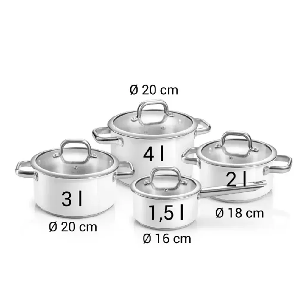 Topfset INDUKTION Kochtopfset 8 Tlg. X4 Töpfe MIT GLASDECKELN Edelstahl Weiß 6 Topfset INDUKTION Kochtopfset 8 Tlg. X4 Töpfe MIT GLASDECKELN Edelstahl Weiß – Bild 4