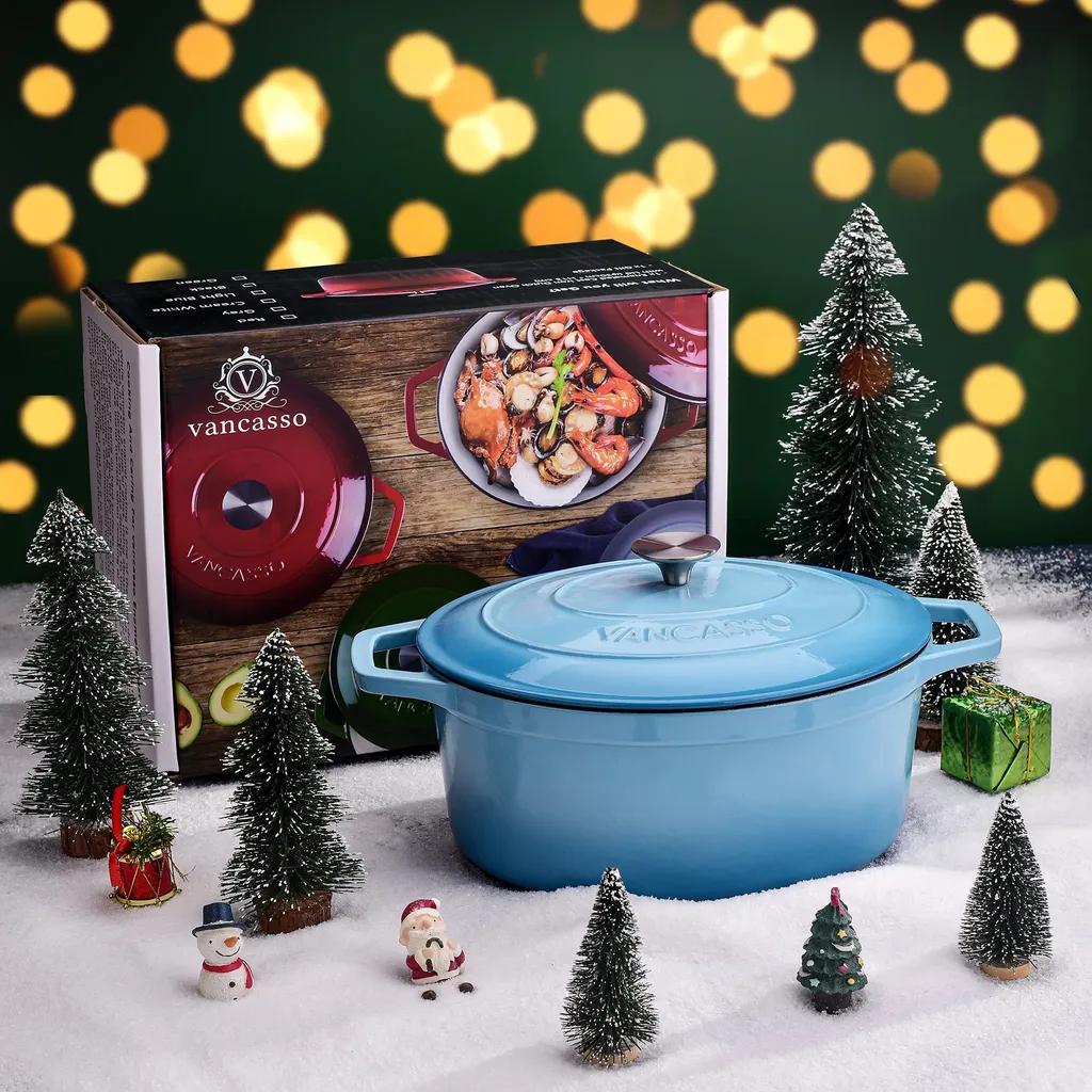 Vancasso Gusseisen Topf, Bräter Mit Deckel, Bratpfanne 6L Ø 30cm Emaillie Schmortopf, 13cm Niedrige Höhe Kasserolle Für Alle Herdarten Und Induktion 10 Vancasso Gusseisen Topf, Bräter Mit Deckel, Bratpfanne 6L Ø 30cm Emaillie Schmortopf, 13cm Niedrige Höhe Kasserolle Für Alle Herdarten Und Induktion – Bild 8