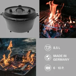 Klarstein Guernsey Premium Dutch Oven 9.0 Gusseisen-Topf , Voreingebrannt , Standfüße , Mit Deckelheber Und Deckelständer , Thermometeröffnung , Größe L: 9 Qt / 8 Liter , Schwarz -Angebote Gourmet Kueche Store 3107a4ddaf3b96e5d737df64ceea4fd5