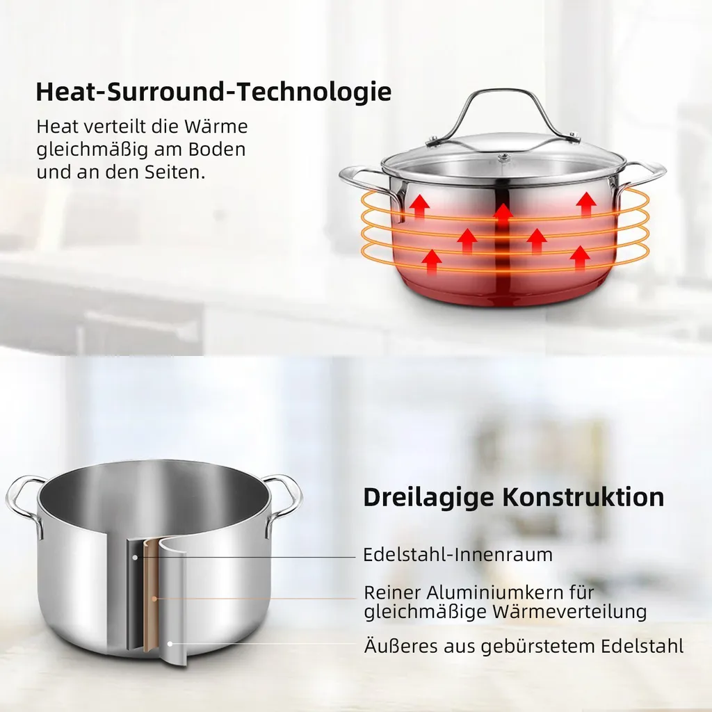 Topf-Set Topfset Induktion 10-teilig Edelstahl Kochtopf Set Mit Glasdeckel Edelstahl 18/10, Unbeschichtet Für Gas, Elektro, Halogen, Induktionsherde 3 Topf-Set Topfset Induktion 10-teilig Edelstahl Kochtopf Set Mit Glasdeckel Edelstahl 18/10, Unbeschichtet Für Gas, Elektro, Halogen, Induktionsherde – Bild 2