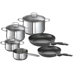 Schulte-Ufer Set 1071 Avanti Set, 9tlg. Edelstahl Topfset, Induktionstauglich, Inklusive 3 Glasdeckel & 2 Bratpfannen, Innenskalierung, Schüttrand