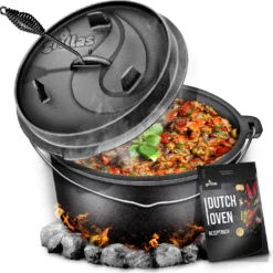 Grillas® Dutch Oven Set 7,3 Liter / Topf Ohne Füße Deckelheber BBQ Gusseisen Feuertopf Gusstopf Schmortopf
