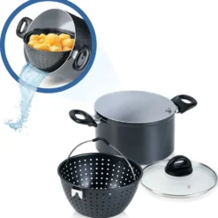 Genius Cerafit Magic Pot Kochtopf-Set 20cm - Topf 3,7l Mit Siebeinsatz & Glas-Deckel Für Einfaches Kochen, Drehen, Dünsten & Servieren; A24661