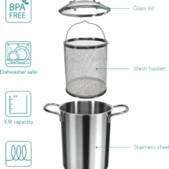 Navaris Spargeltopf Kochtopf Nudeltopf 3,9l - Topf Zum Kochen Von Spargel Oder Spaghetti - Aus Edelstahl Mit Siebeinsatz - BPA-frei Spülmaschinenfest