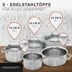 Classbach® Topfset 8-teilig, Kochtopf Set Edelstahl Für Alle Herdarten (Induktion-, Gasherd, Ceranfeld, Elektroherd) Spülmaschinenfest Kochtopf Set Camping, Töpfe Induktion Kochtopfset C-KTS 4017 -Angebote Gourmet Kueche Store ace215a8b3395649b4ea68fcbe587f1f