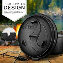 Grillas® Dutch Oven Set 7,3 Liter / Topf Ohne Füße Deckelheber BBQ Gusseisen Feuertopf Gusstopf Schmortopf -Angebote Gourmet Kueche Store b2121a1668d5b29aabb328aa0217afa8