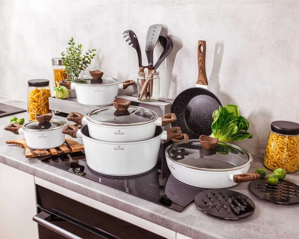 Weiße Keramik-Marmortöpfe Mit Bratpfanne Und Wok Set 15-teiliges 5 Weiße Keramik-Marmortöpfe Mit Bratpfanne Und Wok Set 15-teiliges – Bild 3