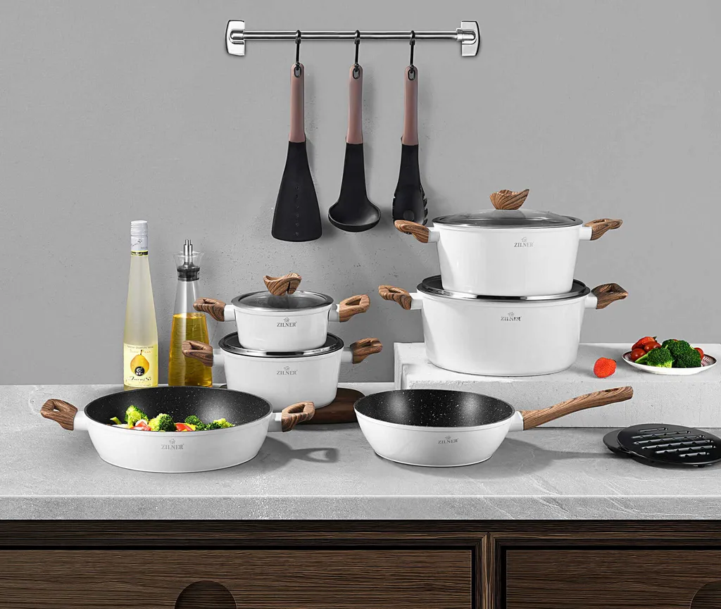 Weiße Keramik-Marmortöpfe Mit Bratpfanne Und Wok Set 15-teiliges 4 Weiße Keramik-Marmortöpfe Mit Bratpfanne Und Wok Set 15-teiliges – Bild 2