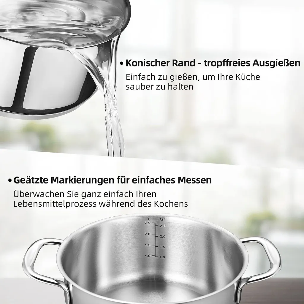 Topf-Set Topfset Induktion 10-teilig Edelstahl Kochtopf Set Mit Glasdeckel Edelstahl 18/10, Unbeschichtet Für Gas, Elektro, Halogen, Induktionsherde 4 Topf-Set Topfset Induktion 10-teilig Edelstahl Kochtopf Set Mit Glasdeckel Edelstahl 18/10, Unbeschichtet Für Gas, Elektro, Halogen, Induktionsherde – Bild 3