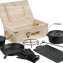 BBQ-Toro 8-teiliges Dutch Oven Set In Holzkiste | Gusseisen, Bereits Eingebrannt