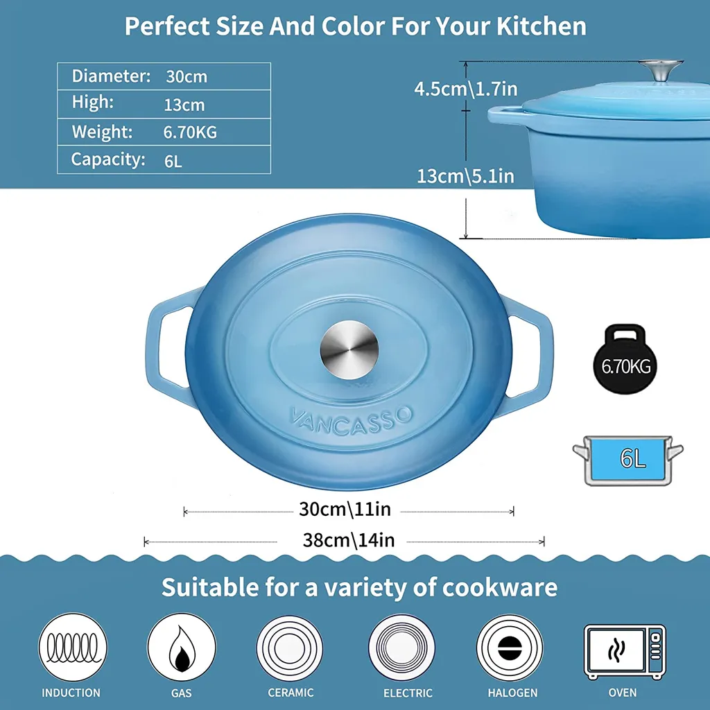 Vancasso Gusseisen Topf, Bräter Mit Deckel, Bratpfanne 6L Ø 30cm Emaillie Schmortopf, 13cm Niedrige Höhe Kasserolle Für Alle Herdarten Und Induktion 4 Vancasso Gusseisen Topf, Bräter Mit Deckel, Bratpfanne 6L Ø 30cm Emaillie Schmortopf, 13cm Niedrige Höhe Kasserolle Für Alle Herdarten Und Induktion – Bild 2