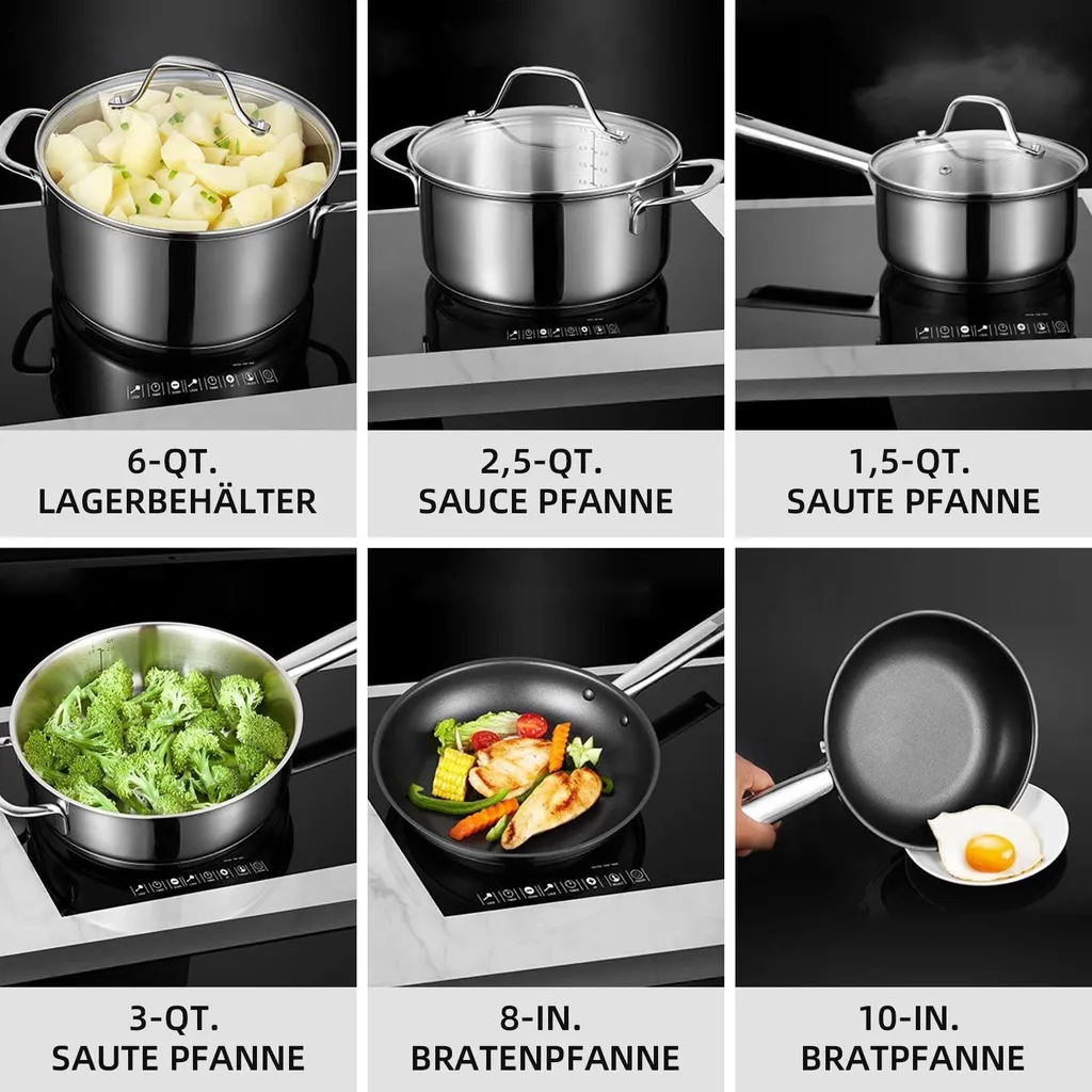 Topf-Set Topfset Induktion 10-teilig Edelstahl Kochtopf Set Mit Glasdeckel Edelstahl 18/10, Unbeschichtet Für Gas, Elektro, Halogen, Induktionsherde 6 Topf-Set Topfset Induktion 10-teilig Edelstahl Kochtopf Set Mit Glasdeckel Edelstahl 18/10, Unbeschichtet Für Gas, Elektro, Halogen, Induktionsherde – Bild 5
