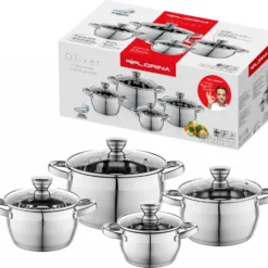 TOPFSET 4 Tlg. INDUKTION Kochtopfset EDELSTAHL Töpfe Mit Glasdeckel FLORINA