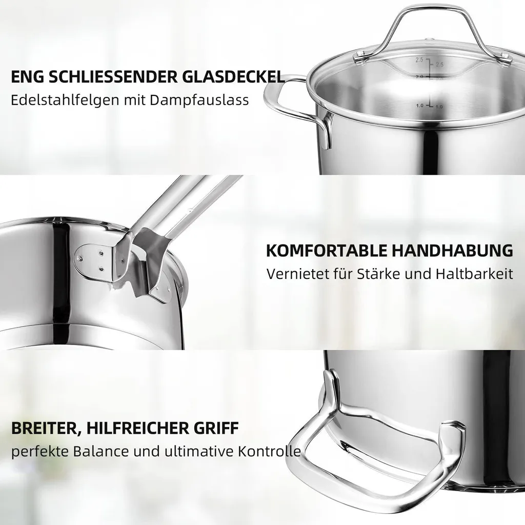 Topf-Set Topfset Induktion 10-teilig Edelstahl Kochtopf Set Mit Glasdeckel Edelstahl 18/10, Unbeschichtet Für Gas, Elektro, Halogen, Induktionsherde 5 Topf-Set Topfset Induktion 10-teilig Edelstahl Kochtopf Set Mit Glasdeckel Edelstahl 18/10, Unbeschichtet Für Gas, Elektro, Halogen, Induktionsherde – Bild 4