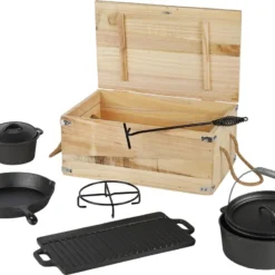 Mucola Dutch Oven 7-teilig Camping Kochgeschir Gulaschkanone Gusseisen Grill Pfanne