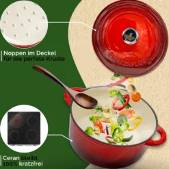Funkenflug® Gusseisen Topf Brot Backen 4,7 Liter In Rot [Induktionsgeeignet] Inkl. Rezeptbuch - Für Einzigartigen Brotgenuss - Auch Als Schmortopf Einsetzbar - Gusseisen Emaille Topf - Bräter Gusseisen -Angebote Gourmet Kueche Store fd548e7340b9916fa522c9d65669a159